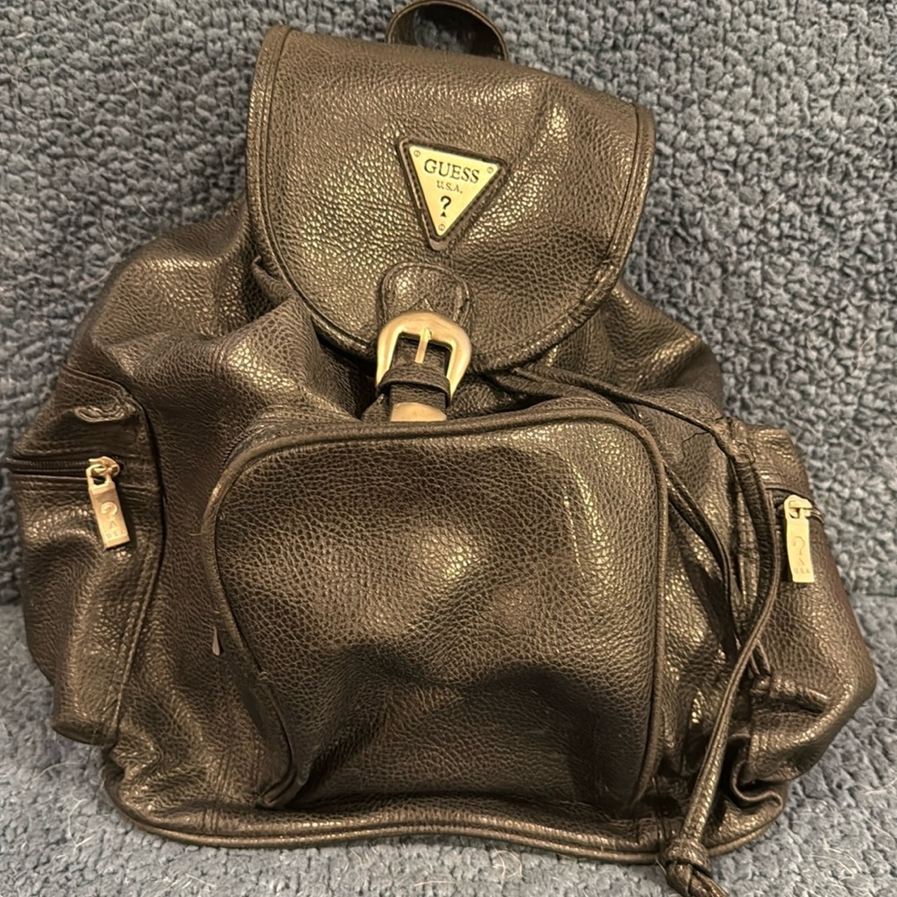 Vintage Guess USA Leather Black Backpack Buckle Drawstring